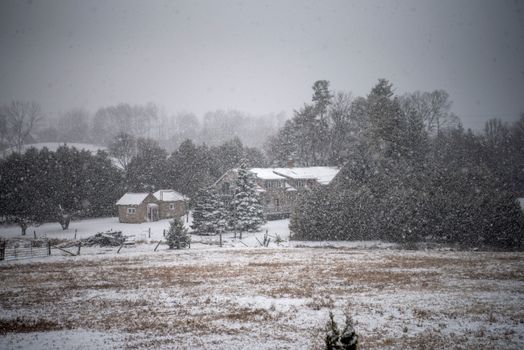 A serene village landscape covered in snow, surrounded by trees during a snowstorm.