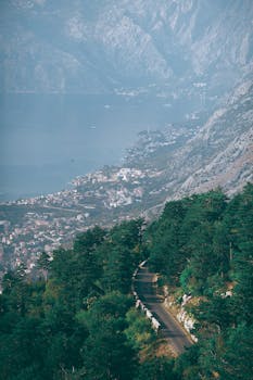 一条狭窄的柏油路穿过郁郁葱葱的绿树，通往海滨小镇，四周环绕着巨大的岩石山脉，景色壮丽