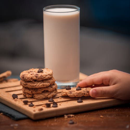 Cookies and Milk on a Wood Tray