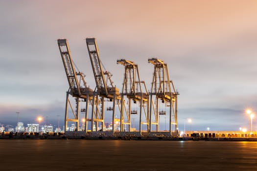 Illuminated cargo cranes dominate the skyline in a bustling harbor at night, showcasing industrial logistics infrastructure.