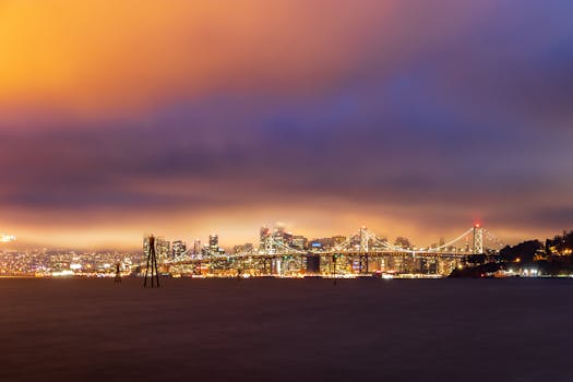 A stunning view of the San Francisco skyline during sunset with vibrant colors and city lights.