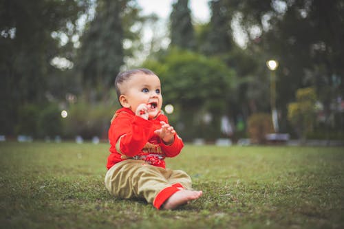 Baby in Red Onesie Sitting on Green Grass Field