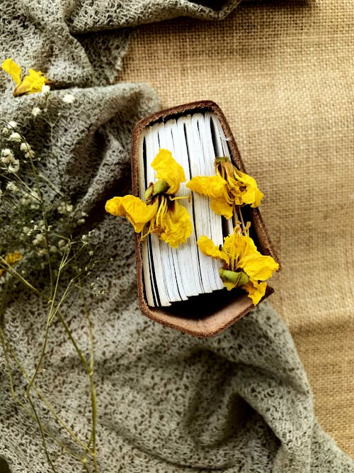 Yellow dried flowers placed on book near grey fabric