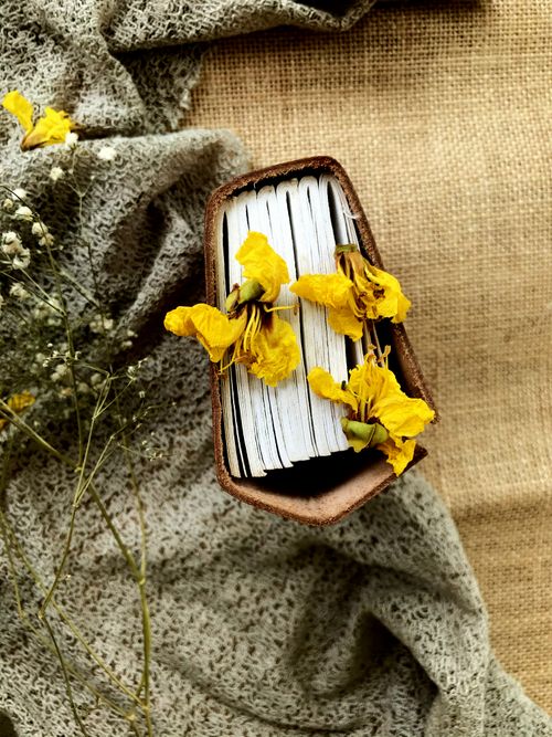 Free From above composed dried yellow flowers bouquet placed on crafted book and knitted blanket on canvas background Stock Photo