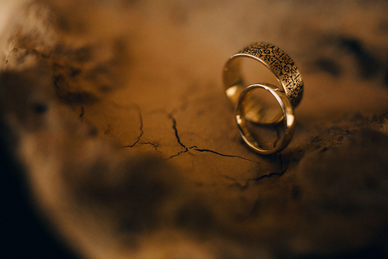 A pair of plain gold wedding rings, close up