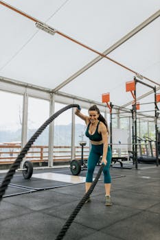 Young woman in activewear training with battle ropes in a modern gym setting.