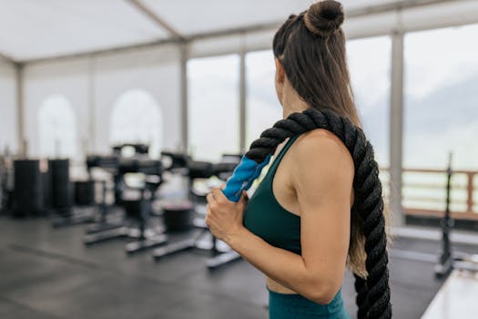 Woman in gym holding a battle rope, showcasing strength and fitness.