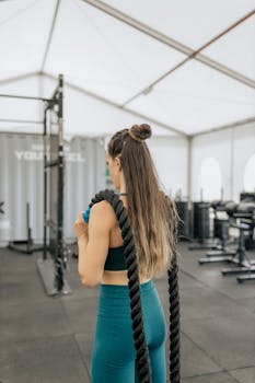 Fit woman in activewear using battle ropes indoors for a workout.