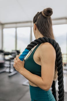 A woman in activewear holds a battle rope, ready for a CrossFit workout session in a modern gym.