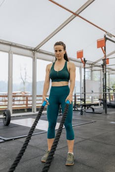 Woman engaging in a fitness workout with battle ropes at an indoor gym.