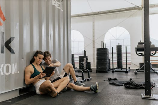 A young couple sitting on the gym floor, using a tablet in a modern urban fitness center.