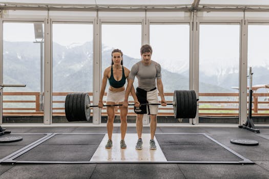 A couple engaged in weightlifting, showcasing strength and fitness in an indoor gym with a scenic mountain view.