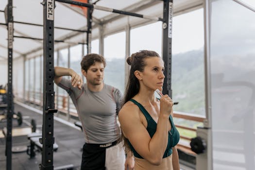 A fit couple engaged in gym exercises. Indoor workout with focus on fitness goals.