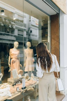 Woman with long hair window shopping in a stylish fashion store with elegant displays.