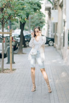 Fashionable woman wearing sunglasses poses confidently on a sunny city sidewalk.