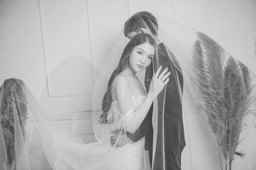 Black and White Portrait of Newlywed Couple