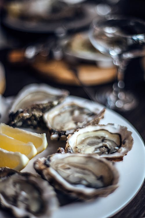 Plate with fresh delicious oysters with lemon slices served on table in fine dining restaurant