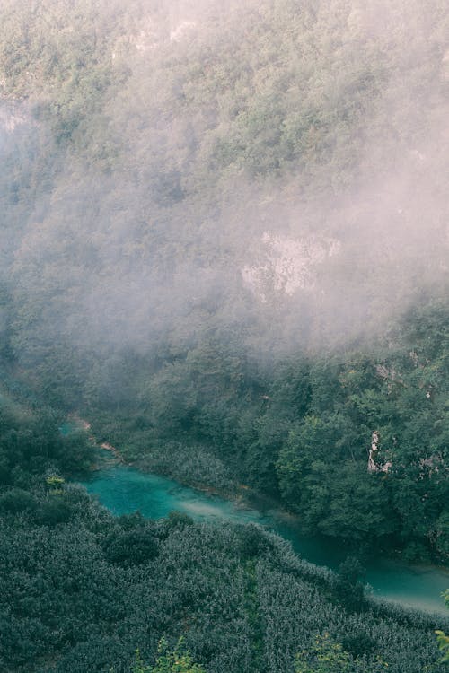 Blue river flowing through hilly grassy terrain on misty day