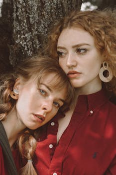 周末，一位平静的女子坐在乡村的树干旁，靠在沉思的女友胸口，望着镜头