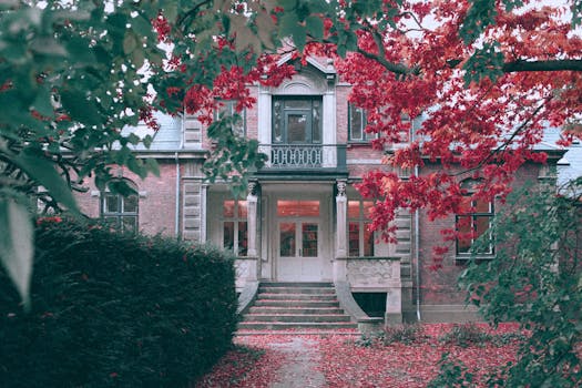 生机勃勃的秋叶环绕着优雅的老豪宅，更显建筑魅力