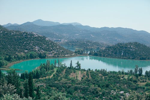 Drone view of peaceful pond surrounded by green hills with trees under blue cloudless sky in summer day