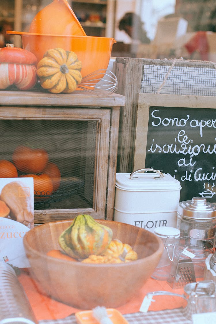 Showcase Of Kitchenware Store With Autumnal Decorations