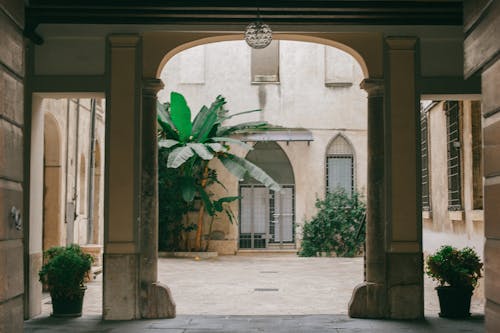 Arched passage with columns in old stone building decorated with potted plants leading to yard