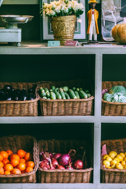 Assorted fruits and vegetables on market rack