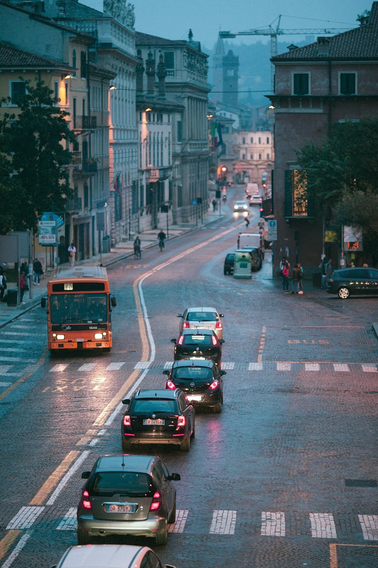 Cars And Bus On Paved Road