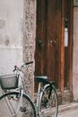 Bike with metal basket parked near shabby wall and entrance with old wooden door of residential house