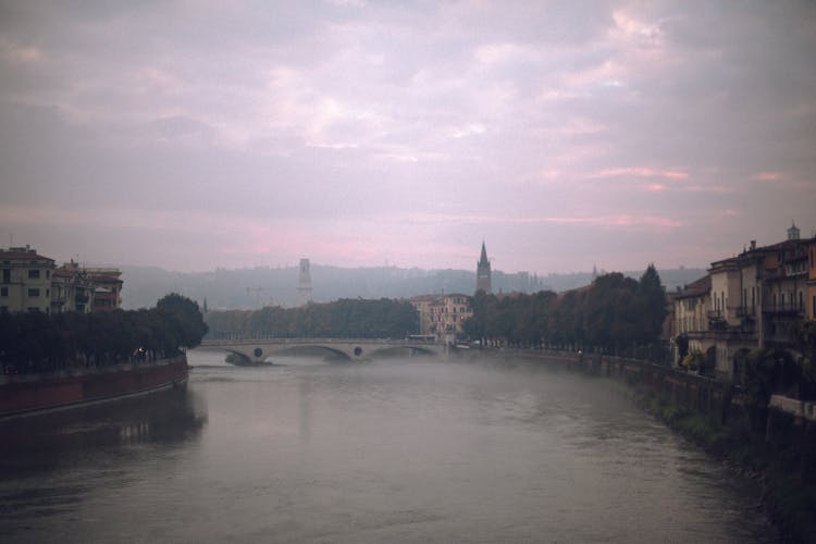 Wide River Flowing In City