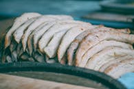 Baked bread on tray in market