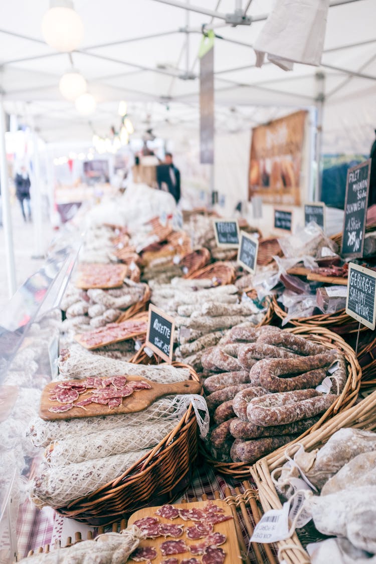 Assorted Salami In Big Food Market