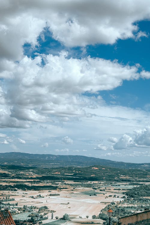 Settlement located in green hilly terrain