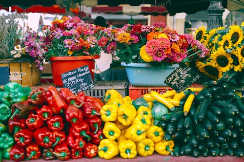 Free Assorted fresh pepper and cucumbers at counter with fresh gerberas and sunflowers selling at bazaar Stock Photo