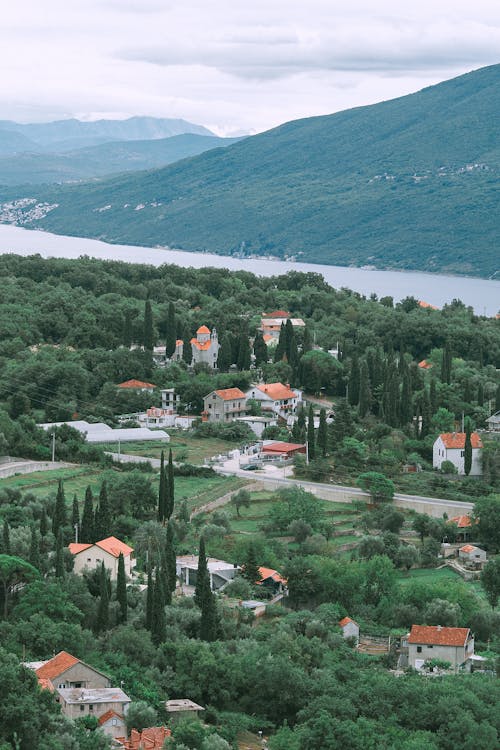 Aerial view of small village with modern white houses under red roofs located in lush greenery near river in front of high green mountains