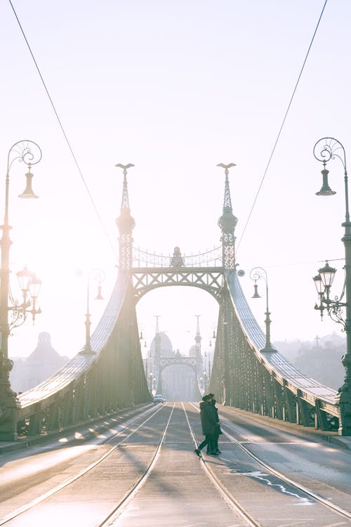 Unrecognizable pedestrians walking across asphalt Freedom bridge with tramway rails and streetlamps located in Budapest Hungary against sunshine