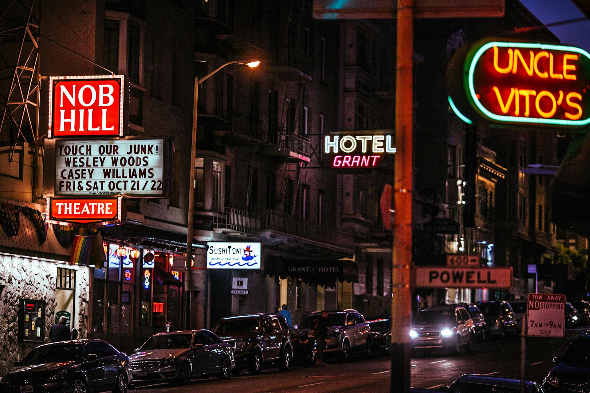 Street of city with signages in night