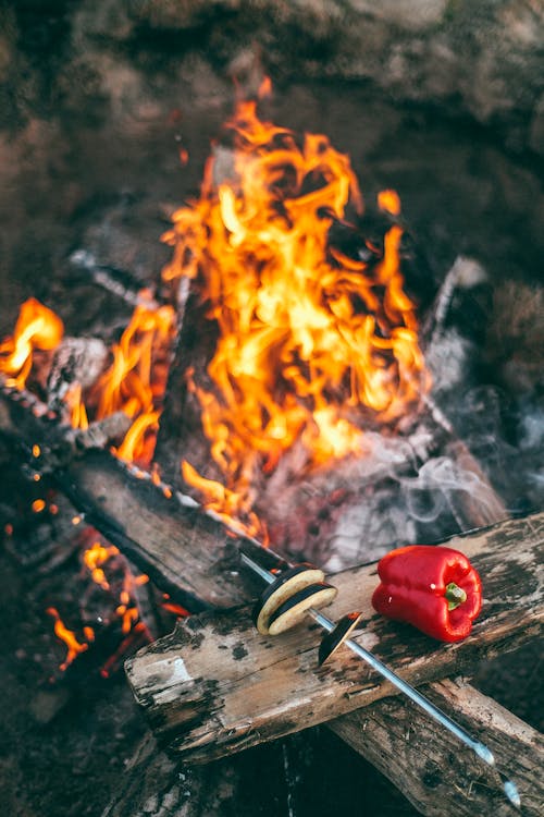 From above of metal skewer with eggplant hats near red pepper on burnt plank above bonfire