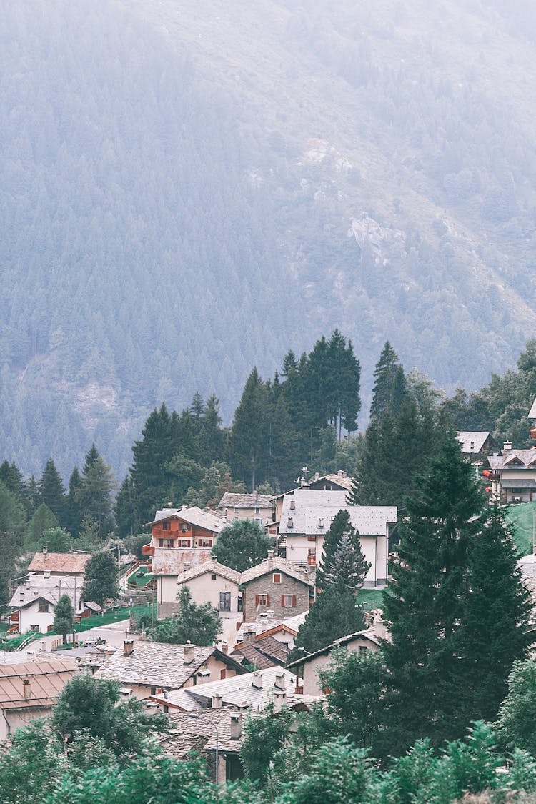 Residential Buildings Against Green Ridge In Province