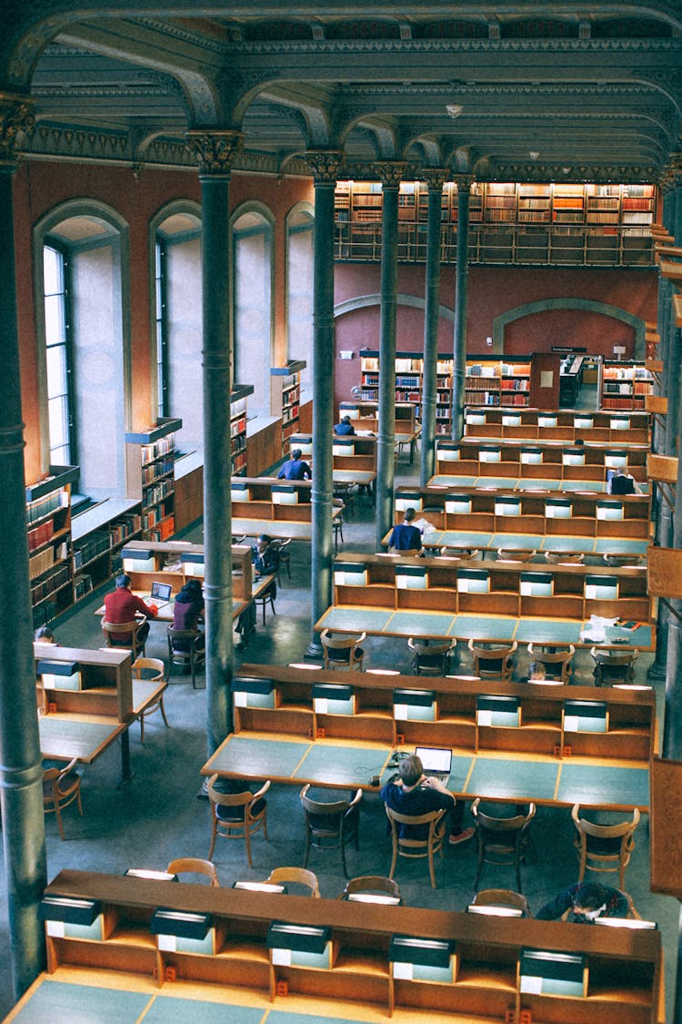 Unrecognizable People Surfing Internet On Laptops In Public Library