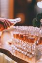 Crop bartender serving champagne in glasses in restaurant