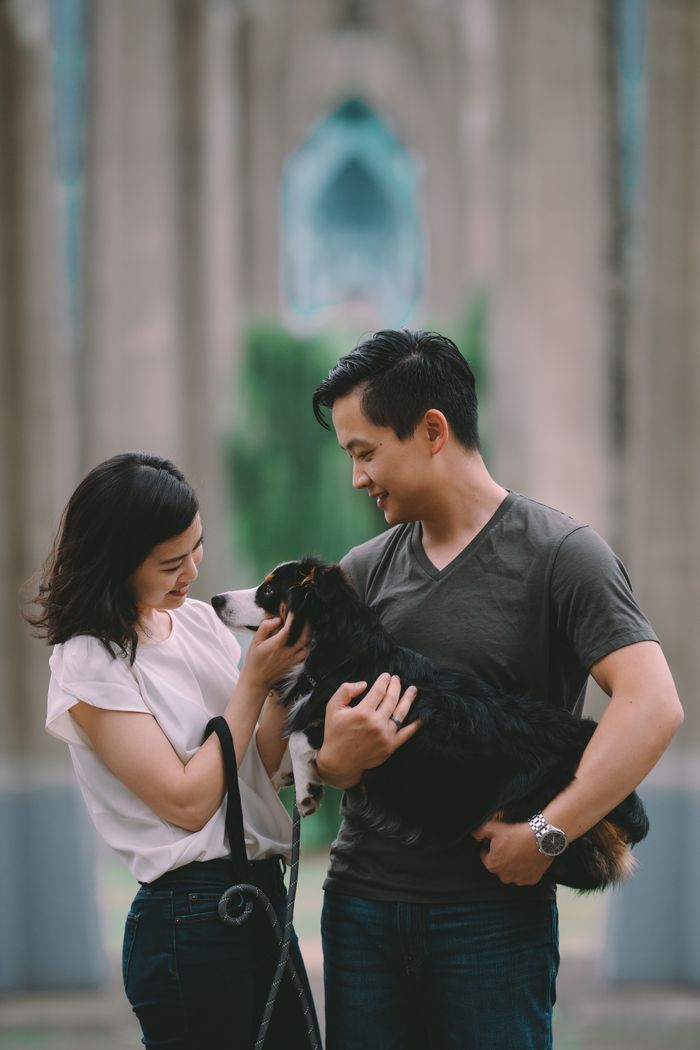 Couple walking a large dog across a bridge in a city neighbourhood on a bright day