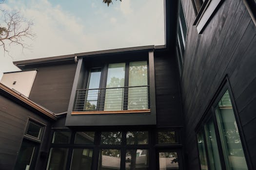 Contemporary building facade with large windows and sleek design elements creating a modern aesthetic.