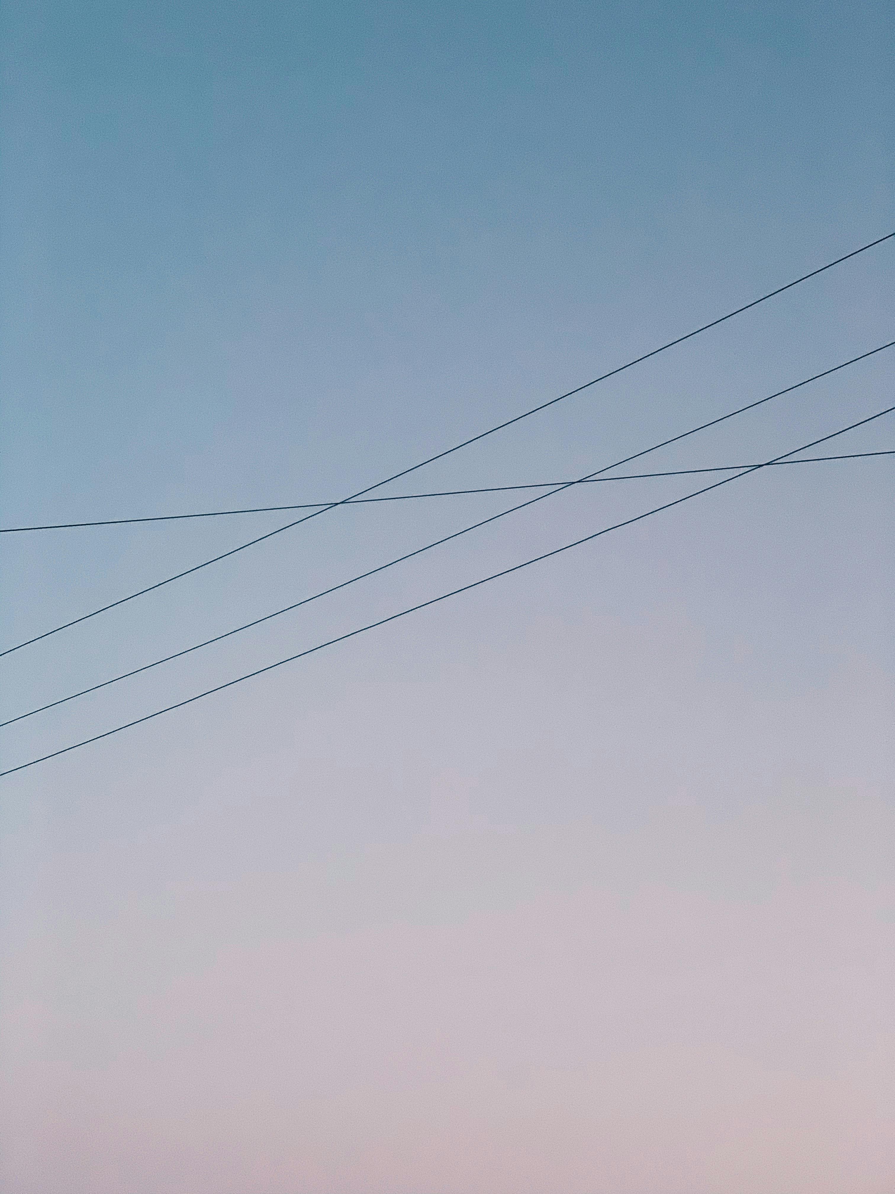 From below of thin electricity wires against blue and soft pink sky at sunset