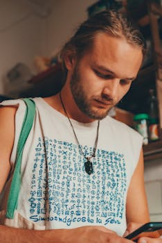 Youthful man with a beard looking at smartphone, wearing printed white tank top and necklace indoors.