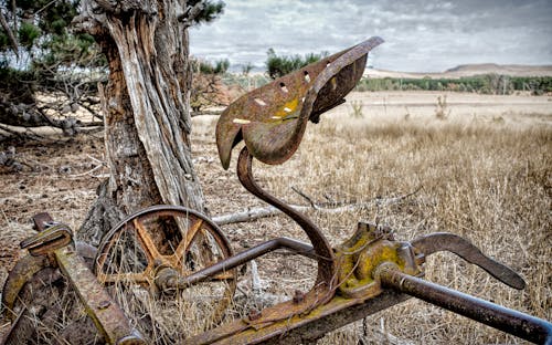 Rusty Metal Farm Equipment on a Dry Grass Field