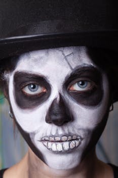 Close-up portrait of a person with artistic skull face paint for Halloween.