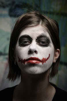 Close-up portrait of a woman wearing spooky Joker face paint, perfect for Halloween themes.