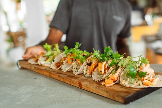  Mexican Tacos on the Wooden Board